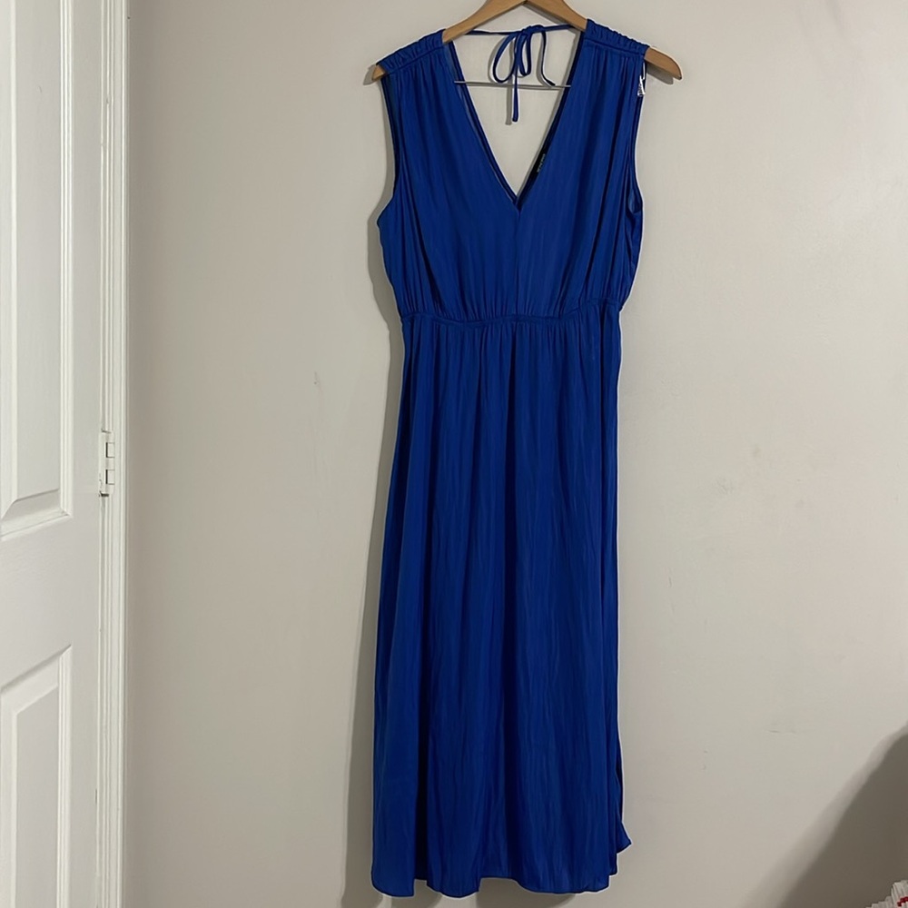 monoprix women’s flowy deep v-neck  sleeveless blue midi dress medium - Picture 4 of 9